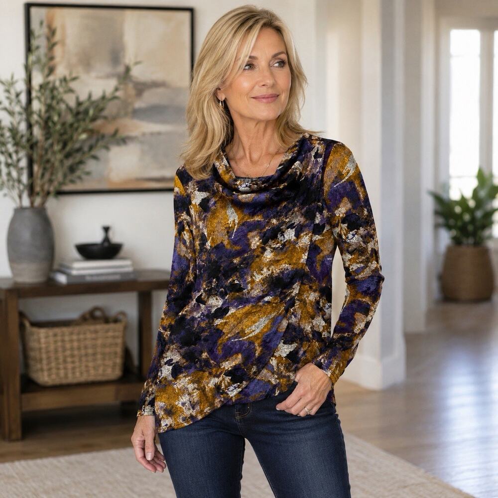 Simply Vera Wang Women’s Small Cowl Draped Neck Floral Knit Top Purple NWT